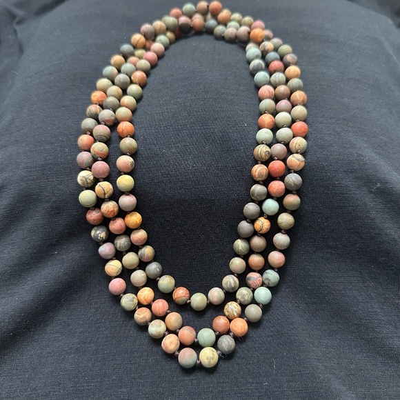NWOT 60" 8mm Picasso Jasper Necklace, Earthy Natural Stone Brown/Blue/Red/Cream - Picture 4 of 9